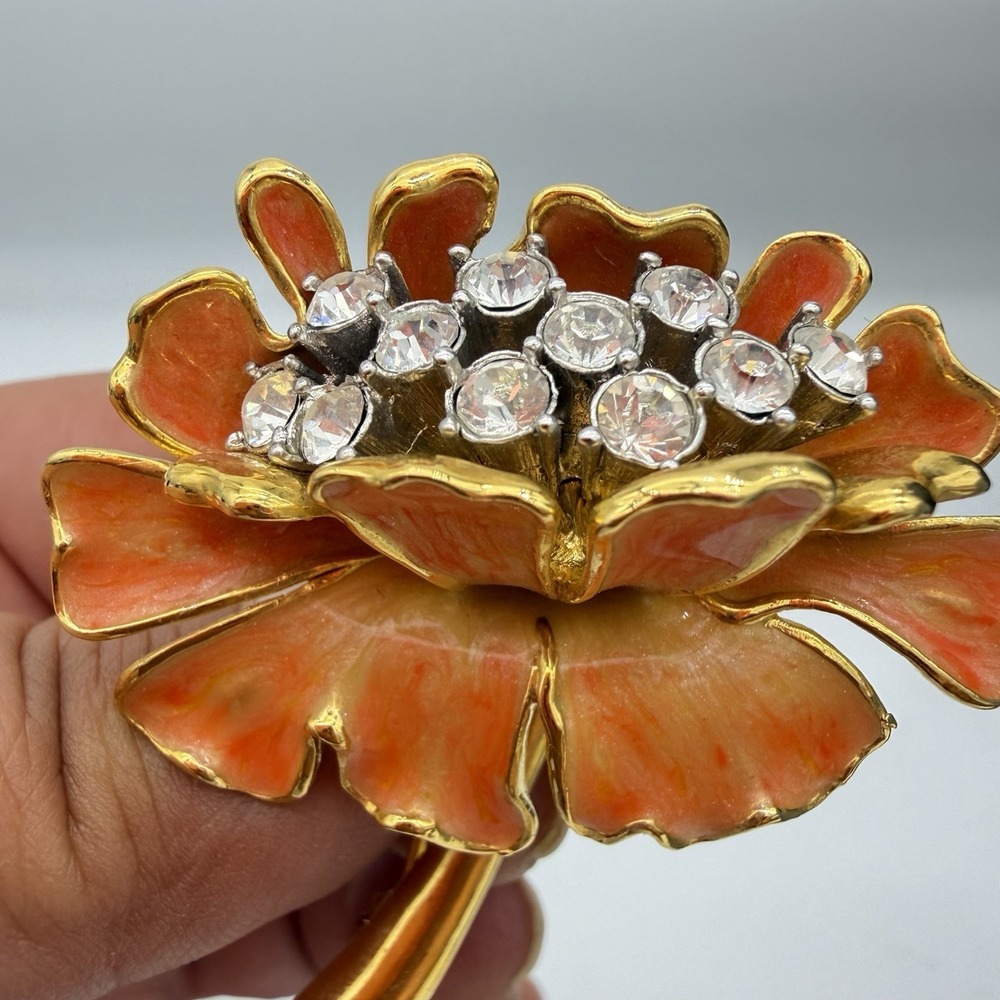 Vintage Nolan Miller Brooch Poppy Flower Enamel Rhinestone Orange 3D